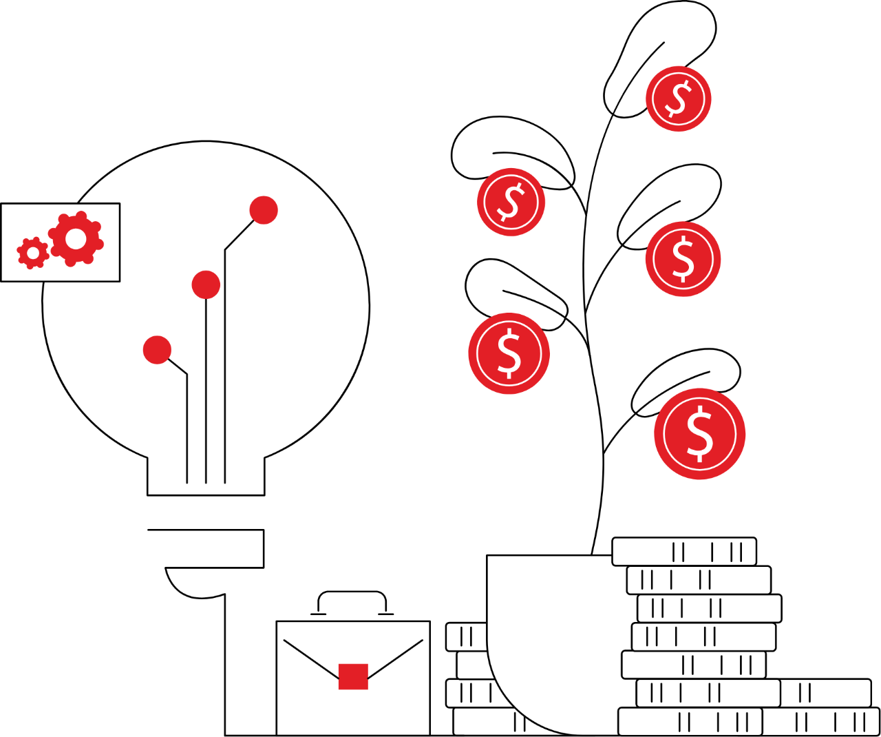 Linework illustration of dollar signs growing on a plant next to a large lightbulb.